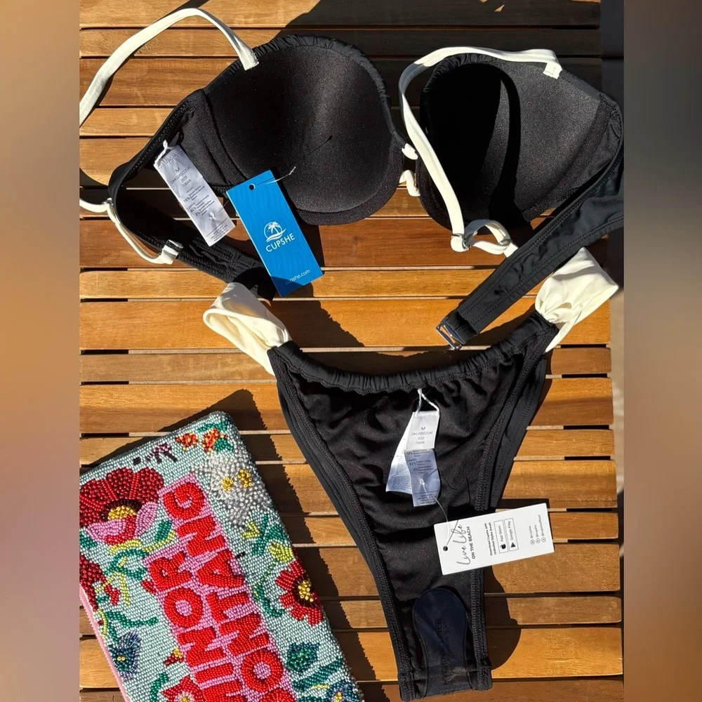 MEDIUM NWT CUPSHE Push-up Bra Black & White Shell Cup Bikini Set